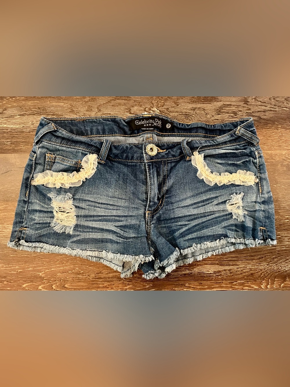 Celebrity Pink Distressed Lace Detail Cut Off Denim Shorts Size 7